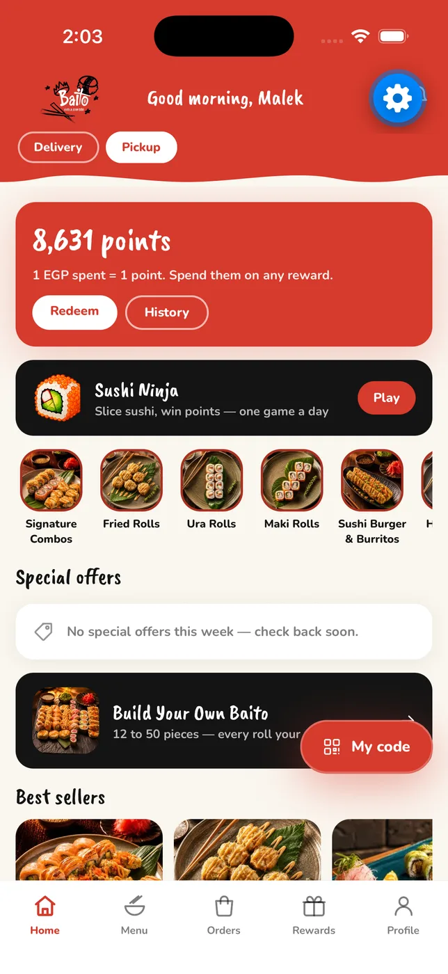 Baito app — home screen with points balance and category rail