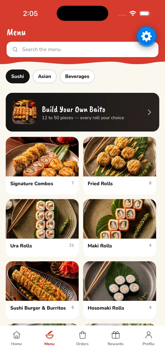 Baito app — sushi menu with photo categories